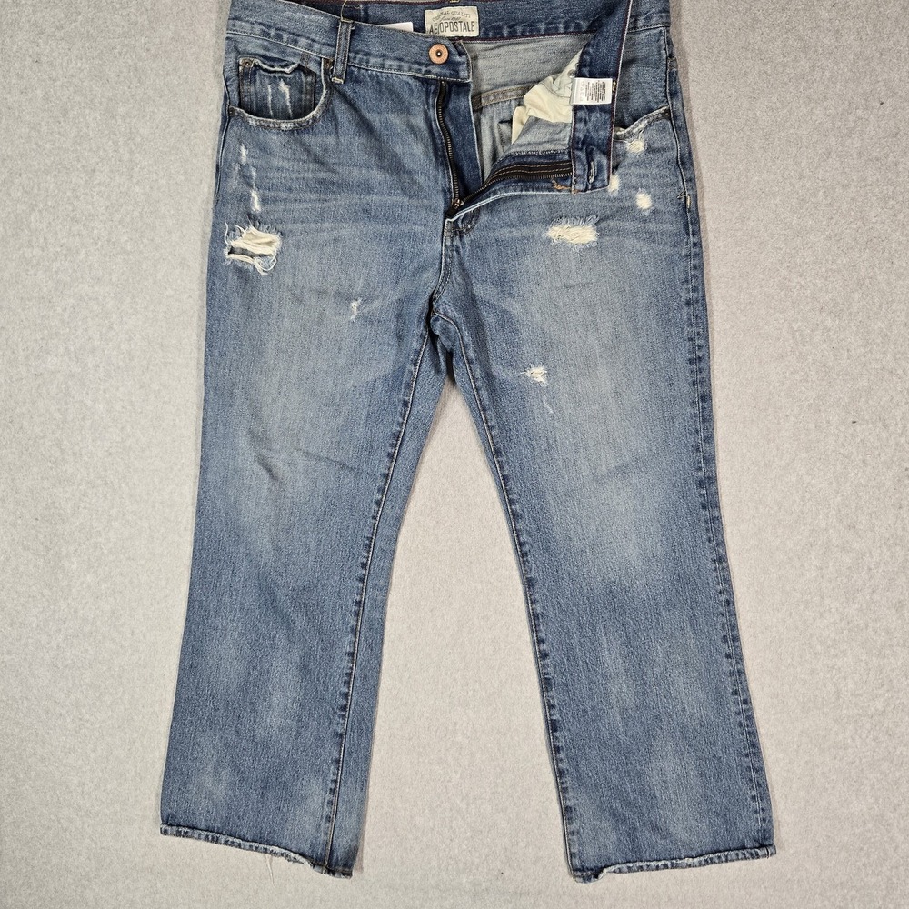 Aeropostale Men Jeans 36x30 Blue Denim Driggs Slim Bootcut Distressed 29" Inseam